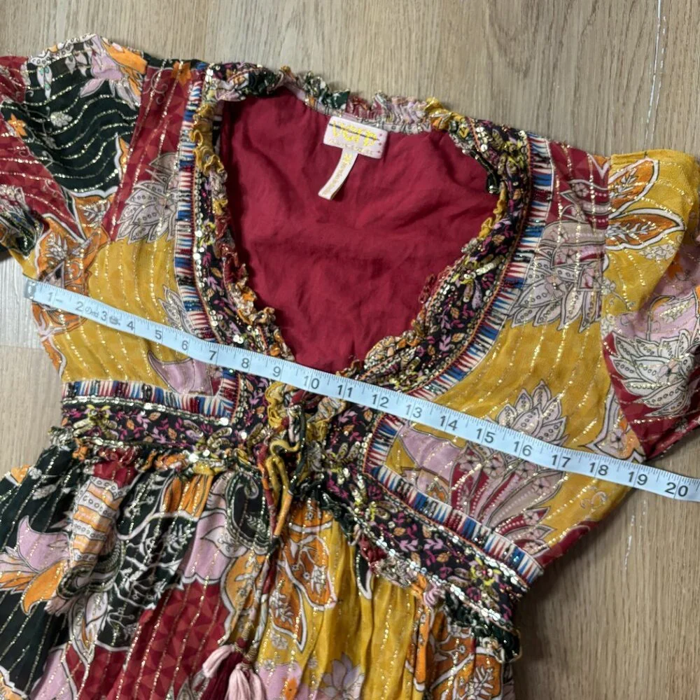 Anthropologie Beaded Shimmer Mini Dress M medium Verb metallic v-neck red yellow
